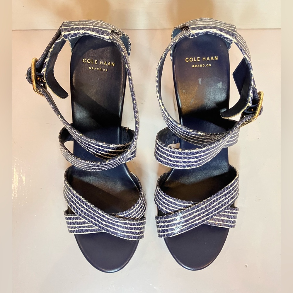 Cole Haan Grand OS Women’s 8.5 Blue White Jillian Cork Wedge Sandal Platform - Picture 5 of 10